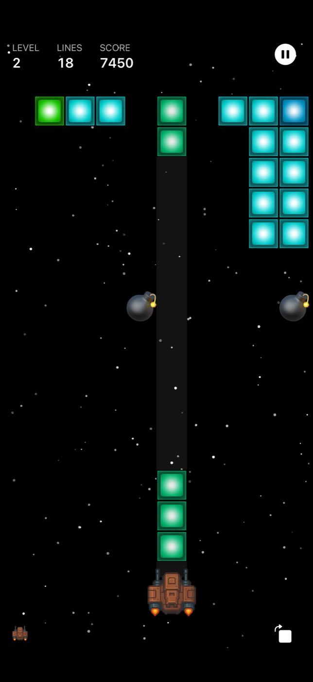 BlockBlaster gameplay showing bomb power-ups between block formations.