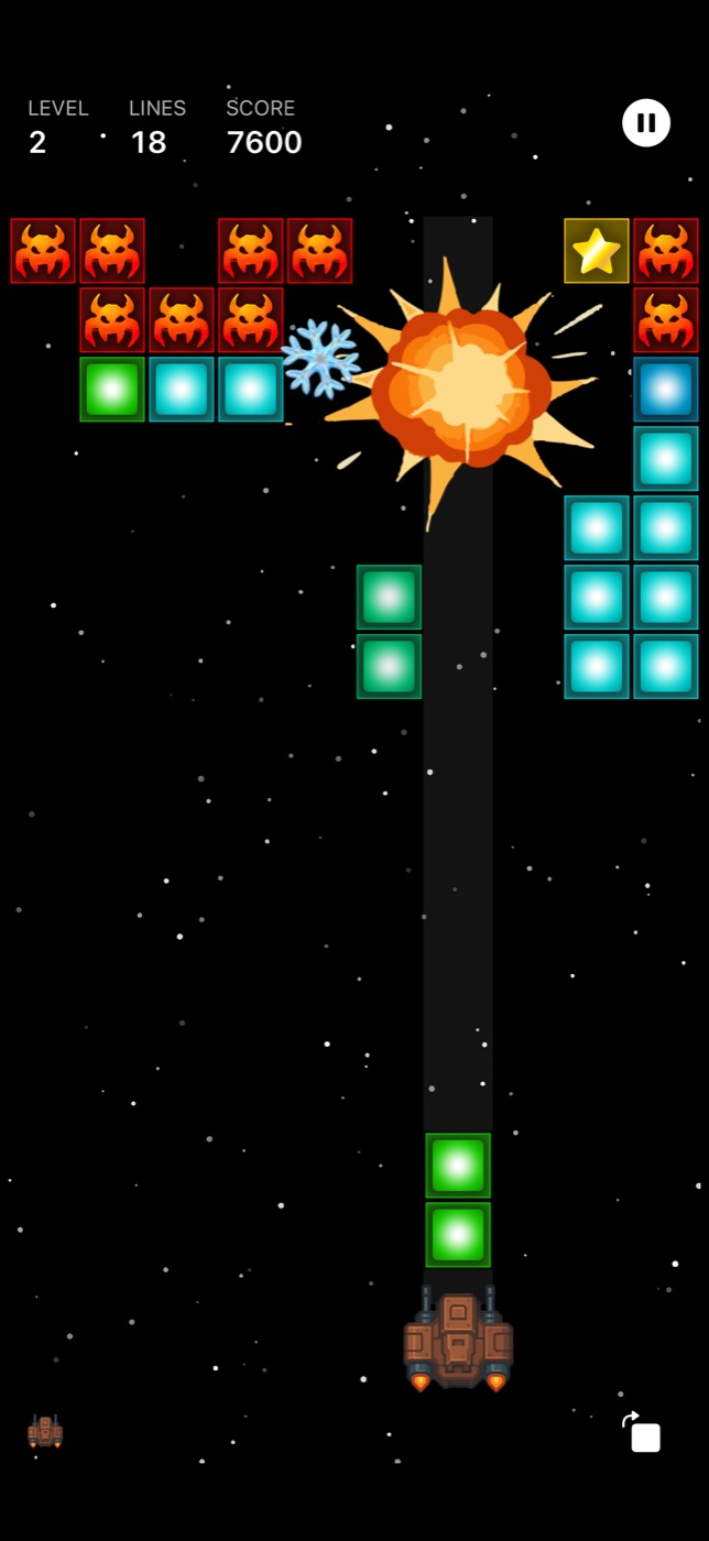 BlockBlaster gameplay showing a large blast clearing blocks in the center lane.