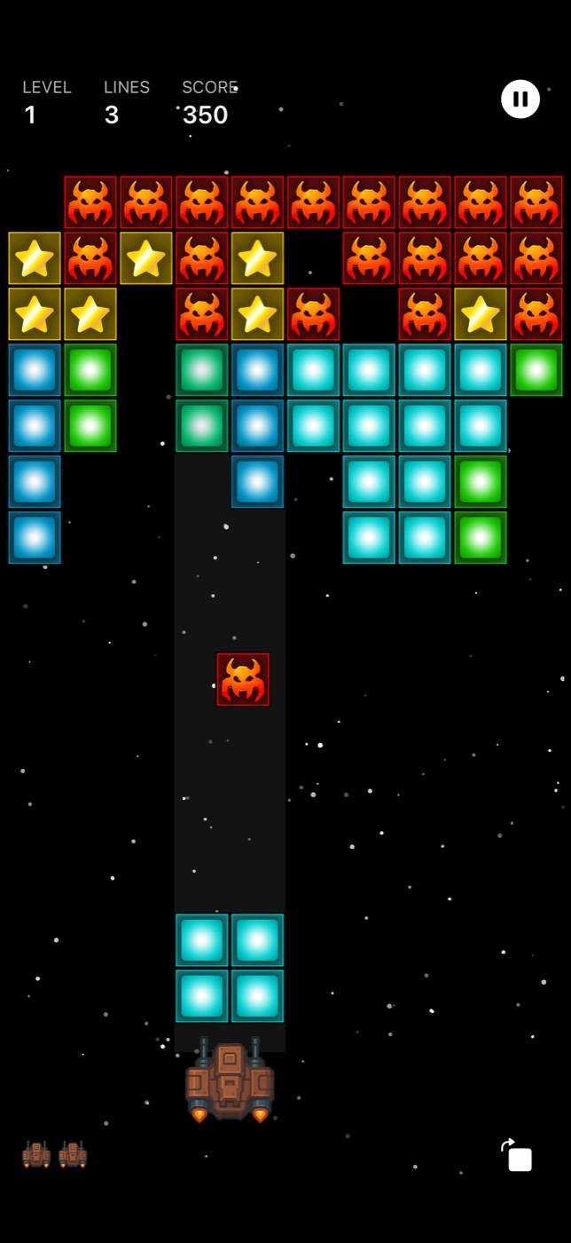 BlockBlaster gameplay with falling enemy blocks and bright power-up blocks lined up for a clear.